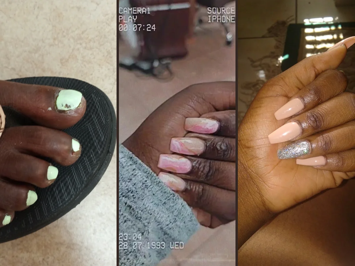 Pedicure chairs and nail stations in a bright salon.