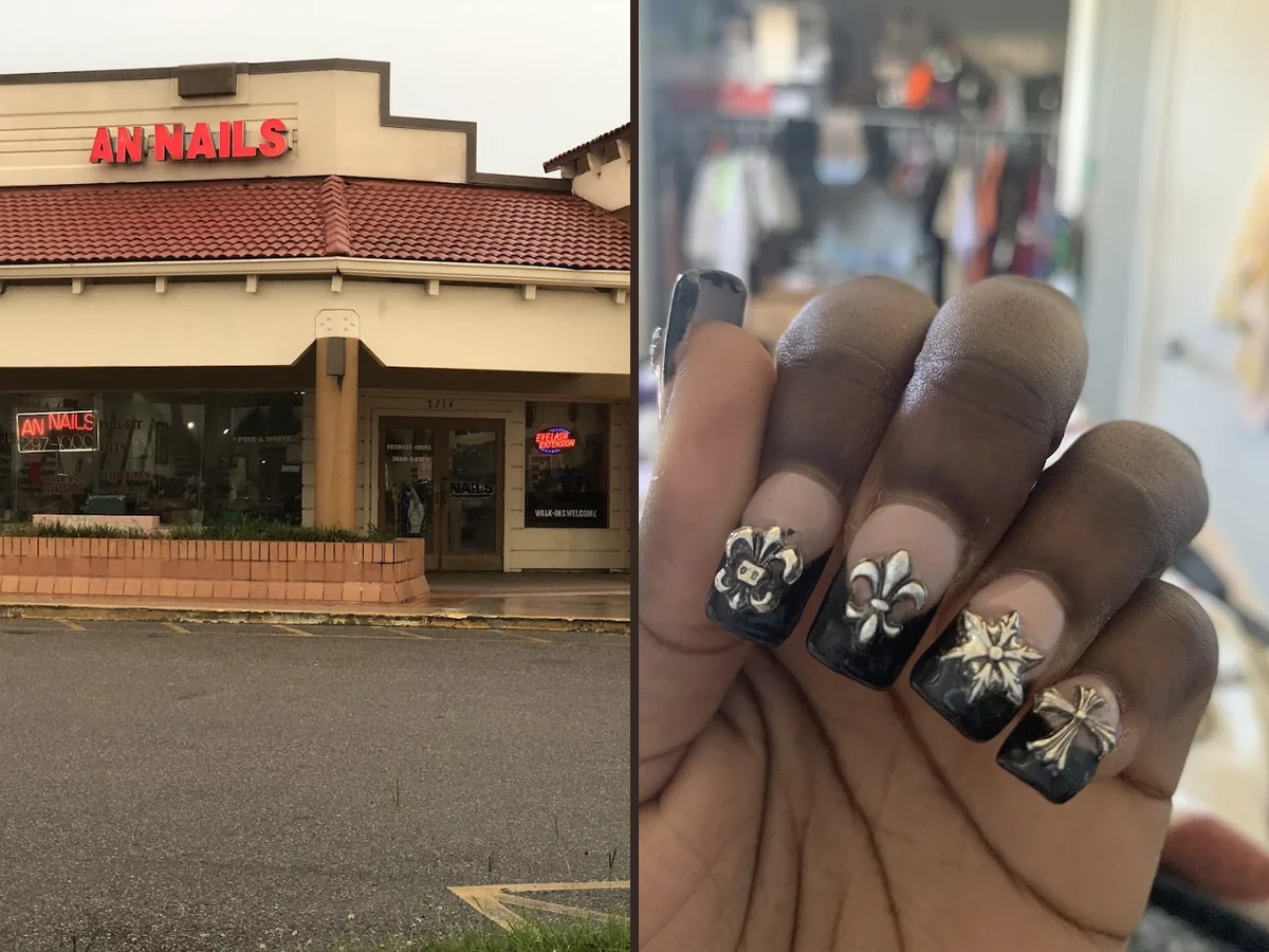 Acrylic and gel nail services in a salon interior.