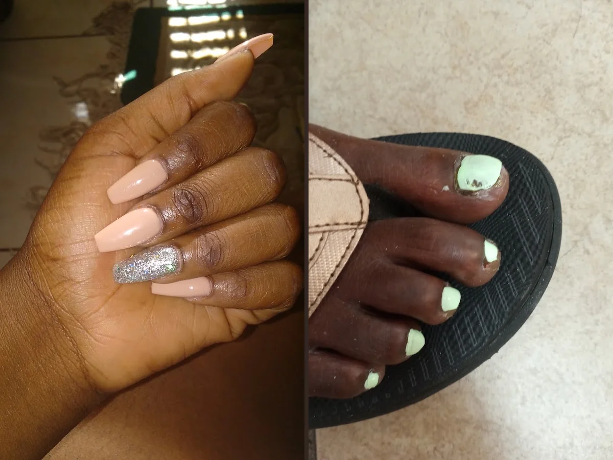 Acrylic and gel nail services in a salon interior.