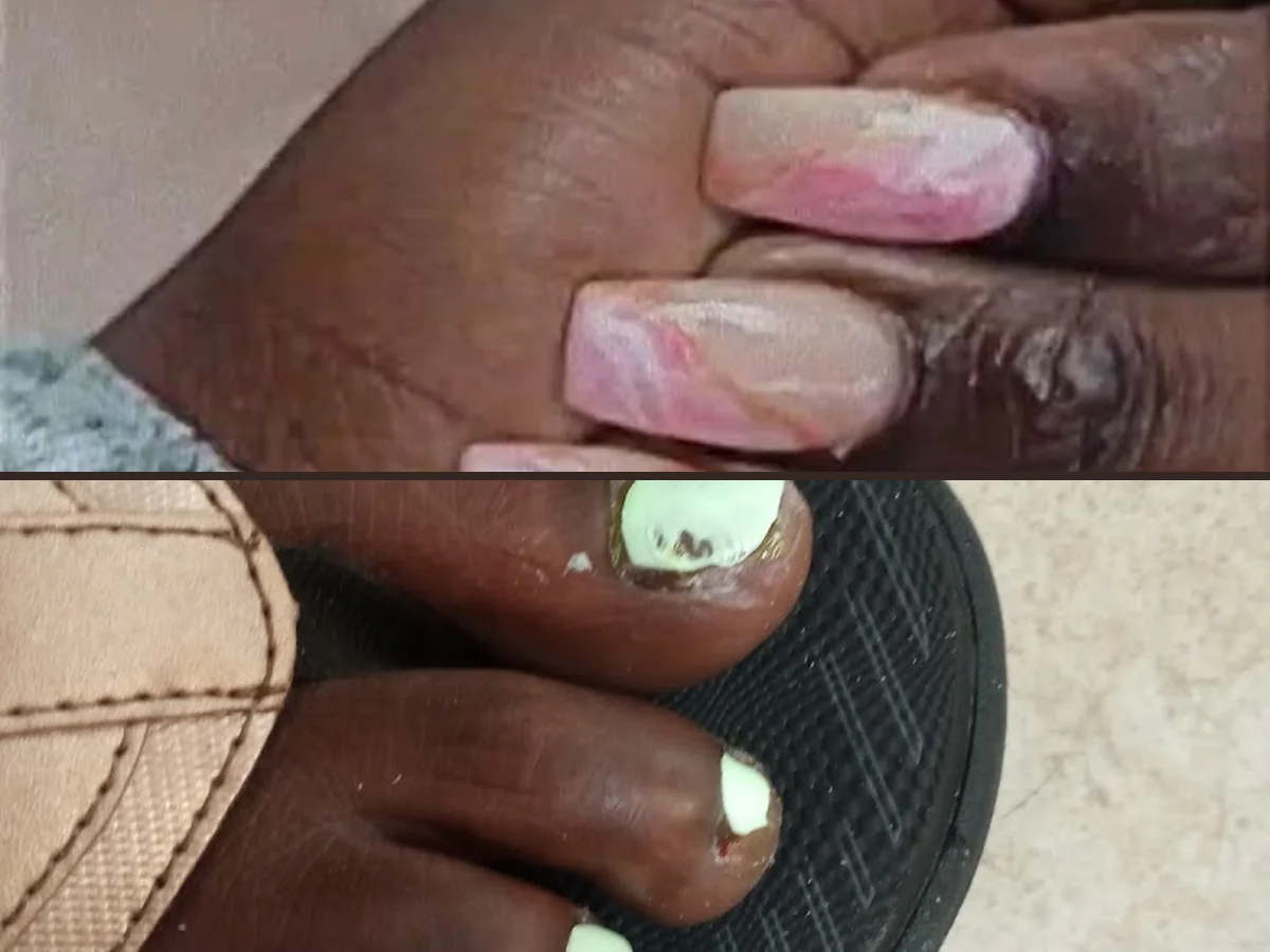 Pedicure chairs and nail stations in a bright salon.