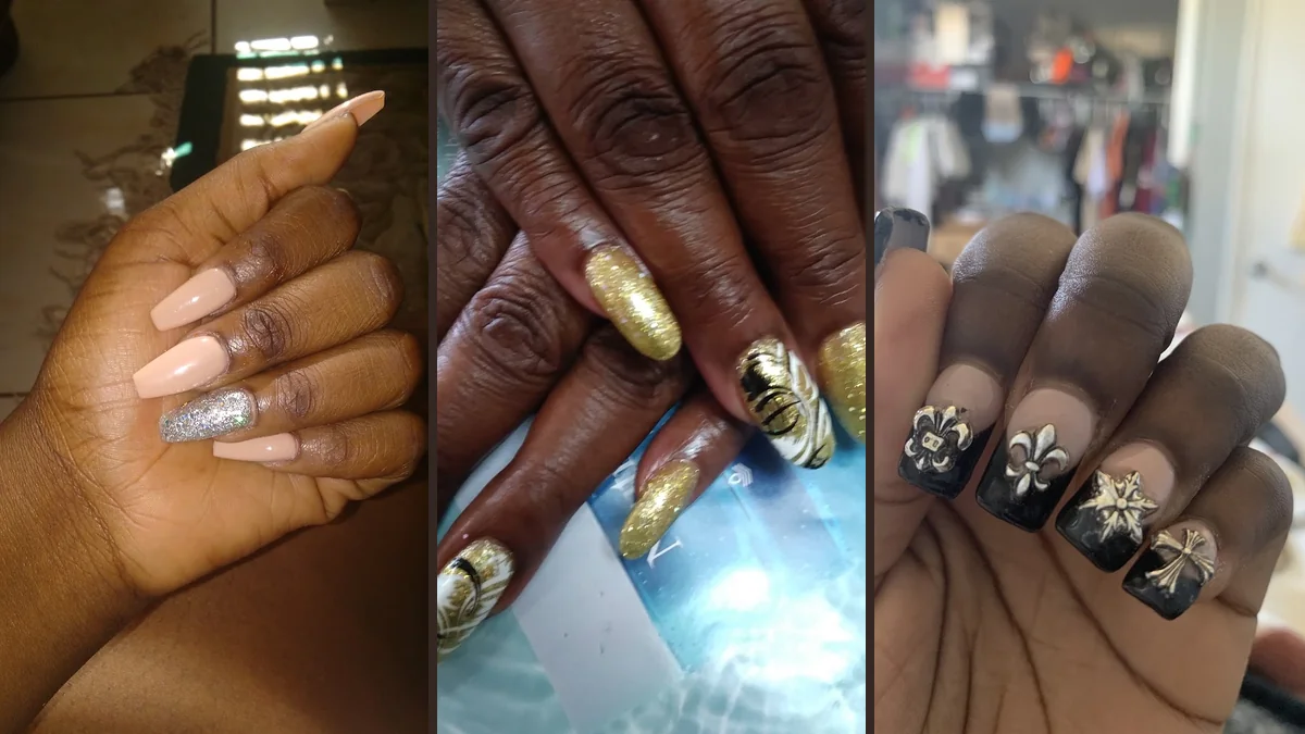 Acrylic and gel nail services in a salon interior.