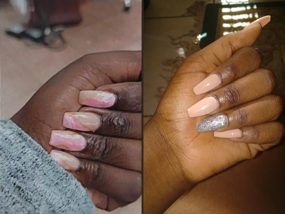 Nail salon workstations with polish bottles and manicure tools.